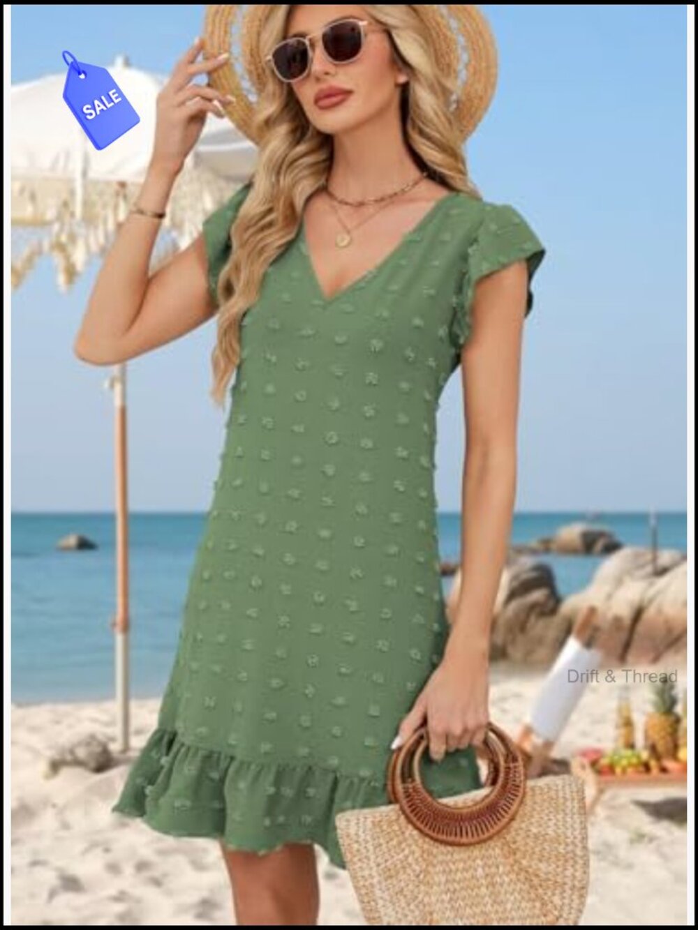 V-Neck Cap Sleeve Ruffle Hem Smock Short Casual Beach Dress - Picture 5 of 7